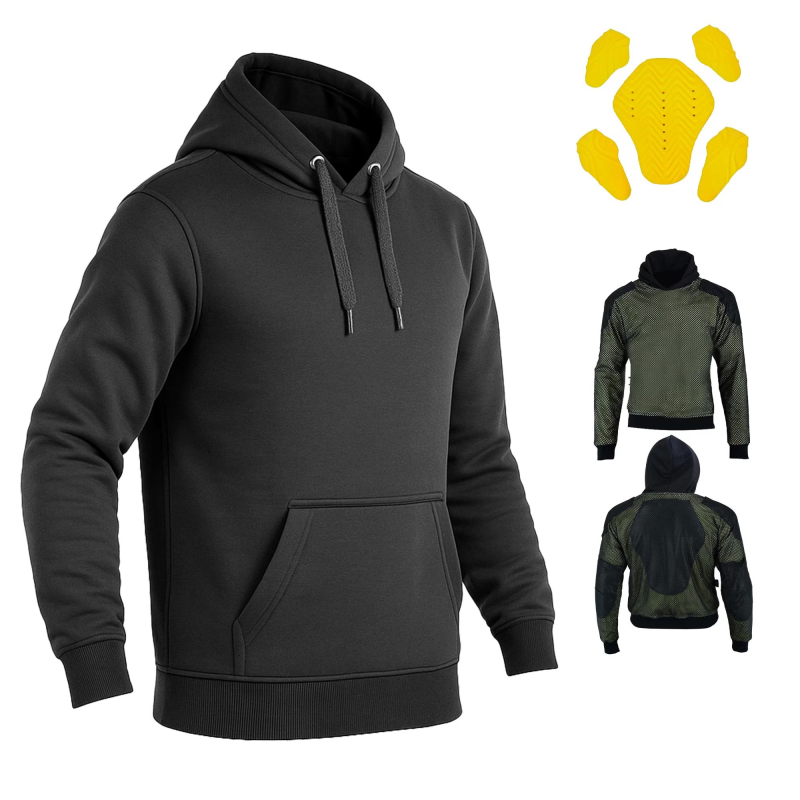 Men's Black Motorcycle Hoodie with CE Armor Pads