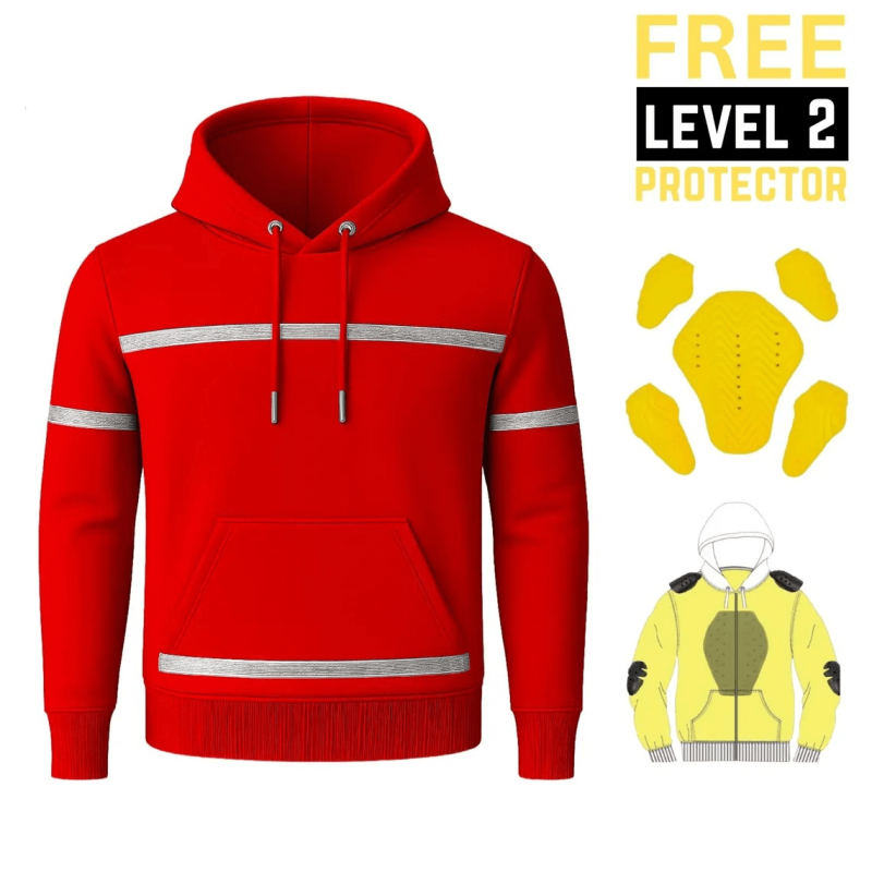 Kevlar Lined Pull-Over Motorcycle Hoodie in Red with Reflection