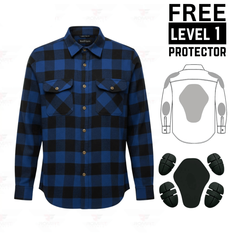 Kevlar Lined Flannel Motorcycle Riding Shirt in Blue