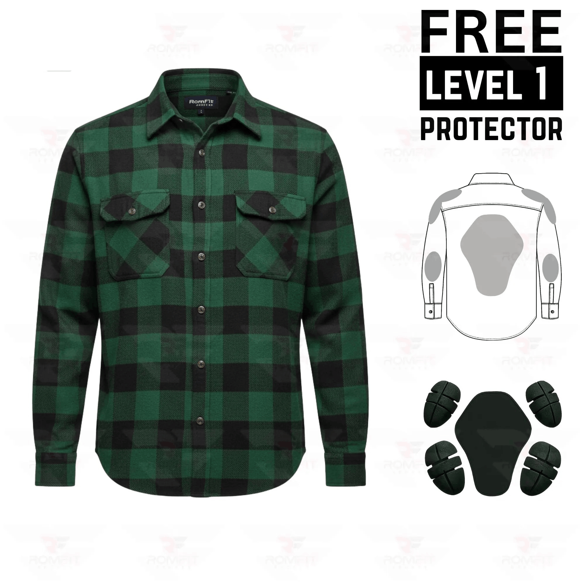 Kevlar Lined Flannel Motorcycle Riding Shirt in Dark Green