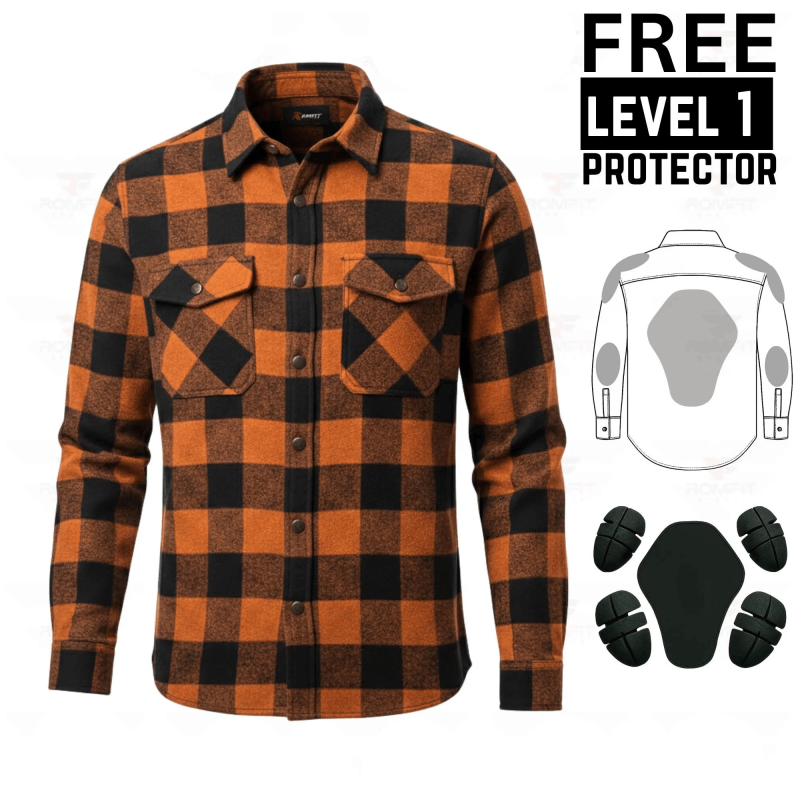 Kevlar Lined Flannel Motorcycle Shirt in Orange with CE Level 1 Protection