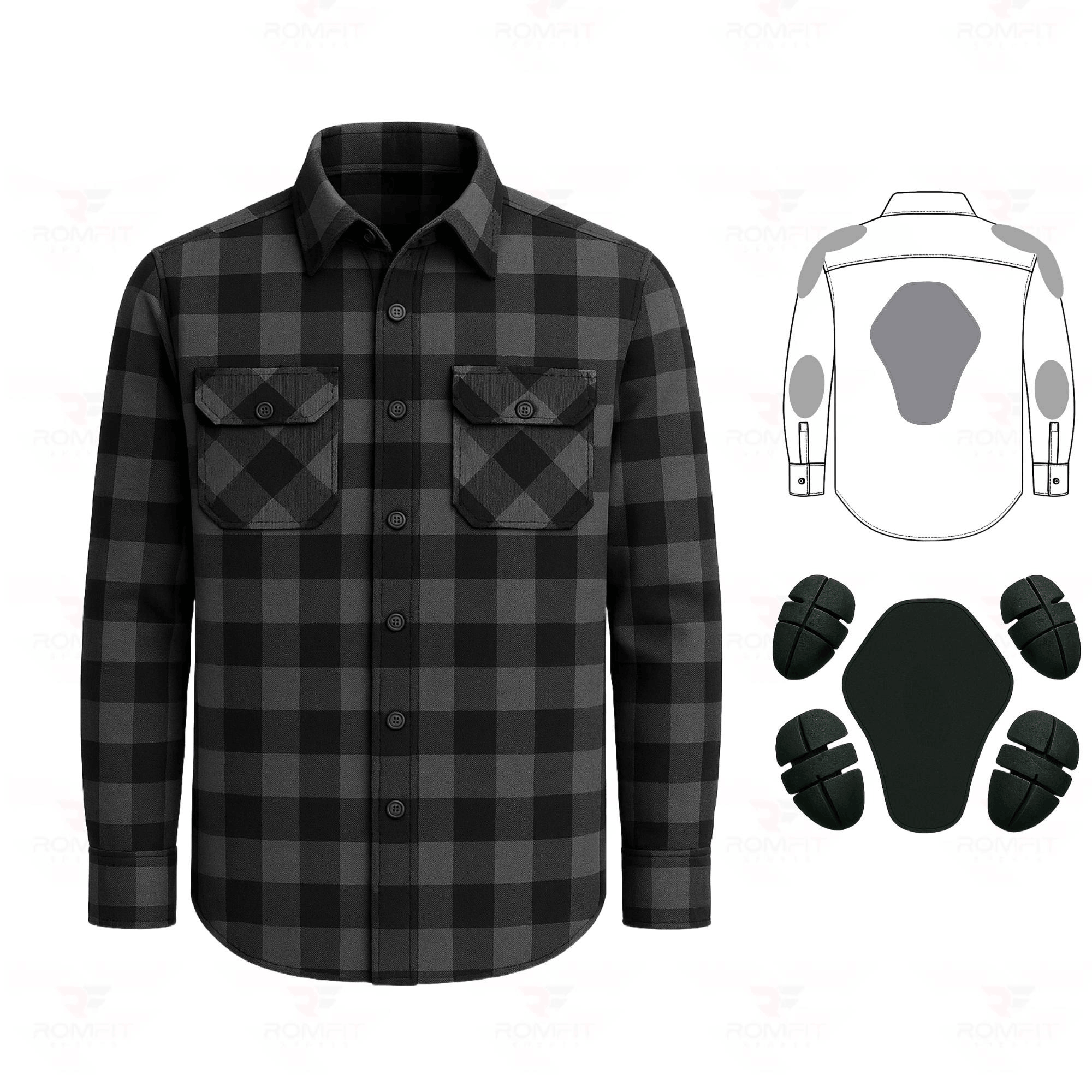 Kevlar Lined Flannel Motorcycle Riding Shirt in Black with CE Level 1 Protection